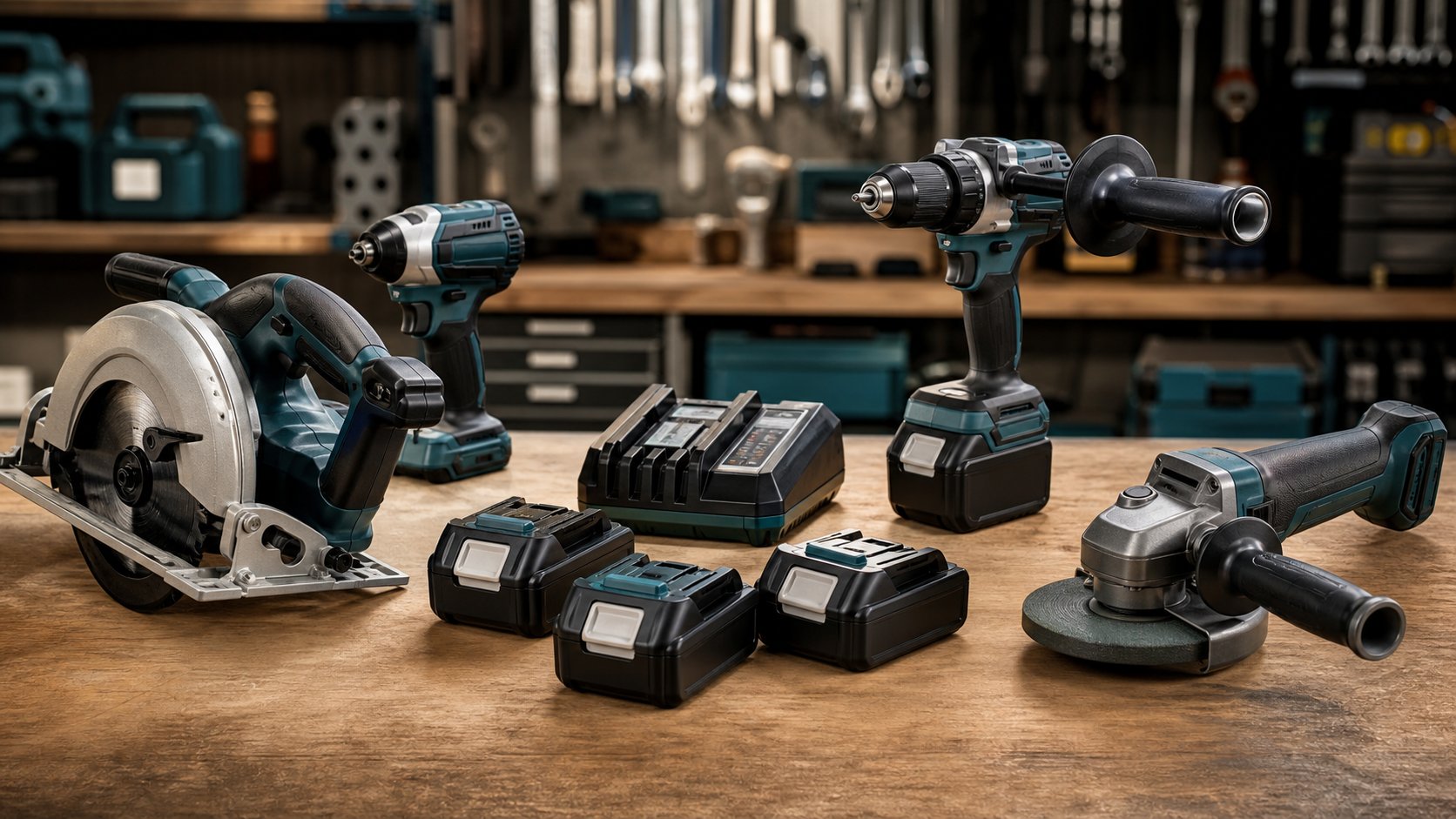 Outils sans fil et batteries interchangeables 18 volts sur un établi