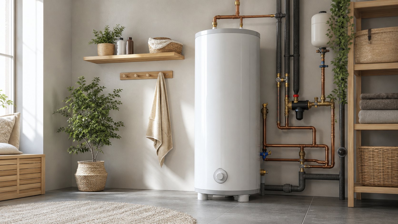 Chauffe-eau électrique vertical installé avec sa plomberie