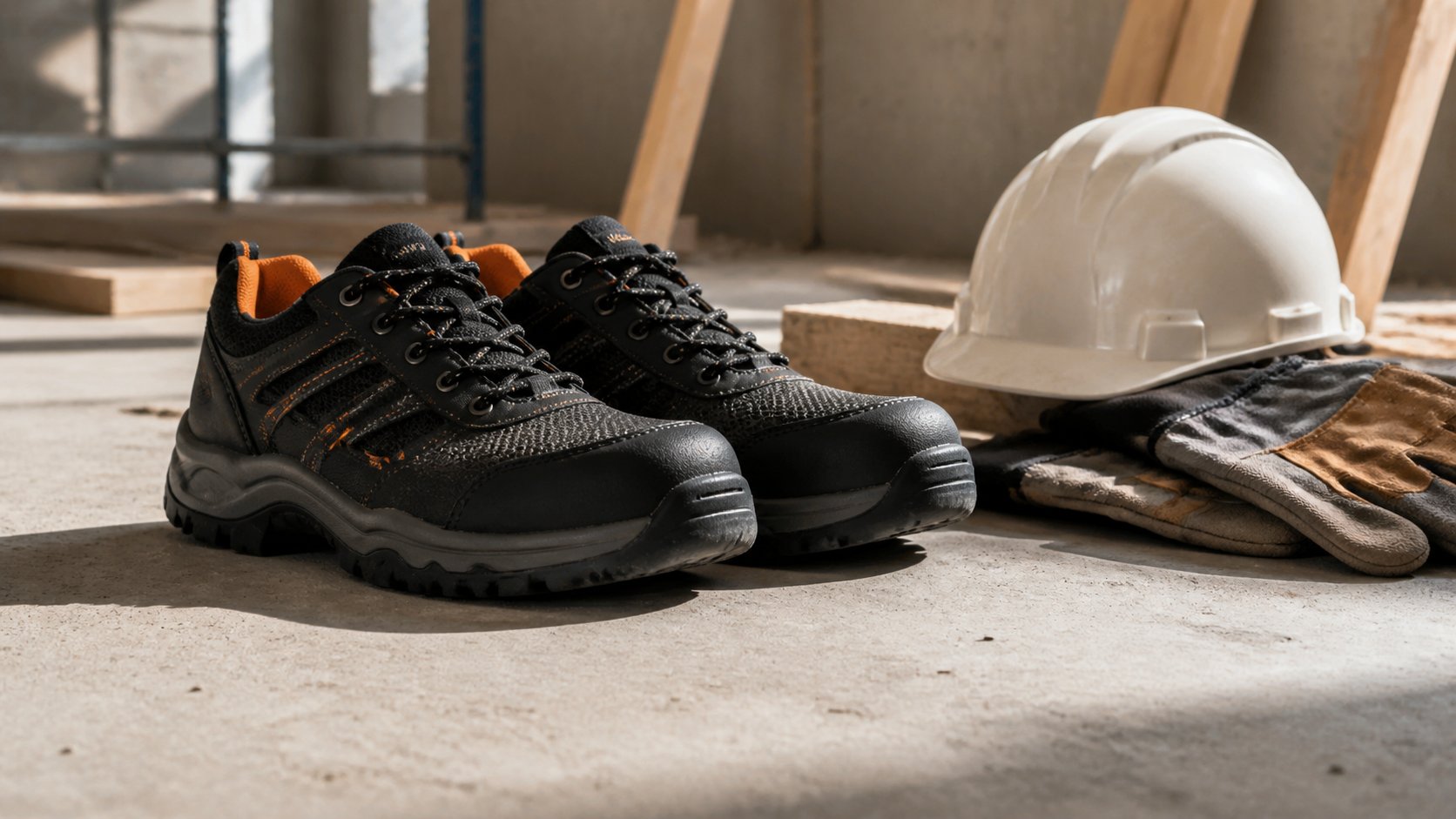 Chaussures de sécurité avec casque et gants de chantier