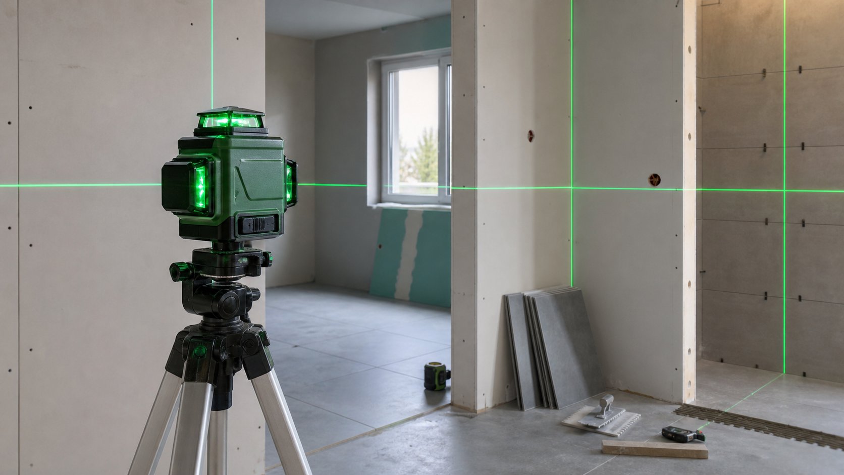 Niveau laser vert 360 degrés utilisé dans une pièce en rénovation