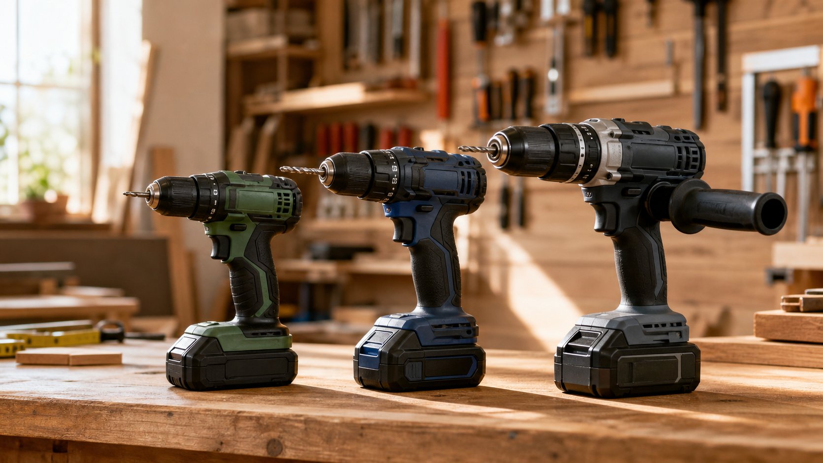 Comparatif de trois perceuses-visseuses sans fil dans un atelier