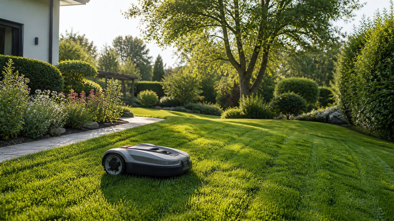 Robot tondeuse autonome sur une pelouse entretenue